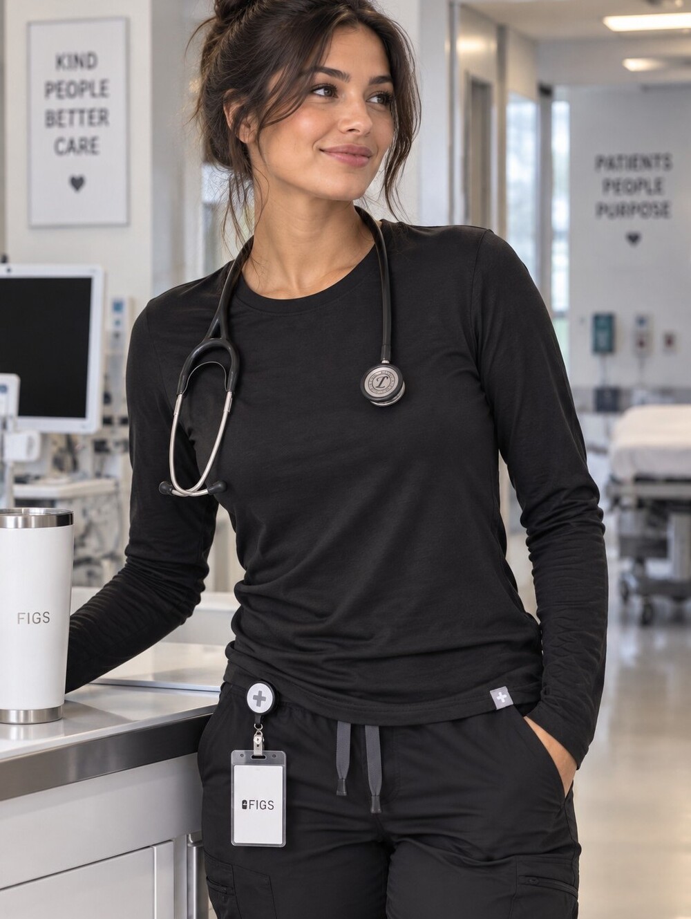 FIGS Super Soft Pima Cotton Modal Long Sleeve Crew Neck Black XS Medical Basics